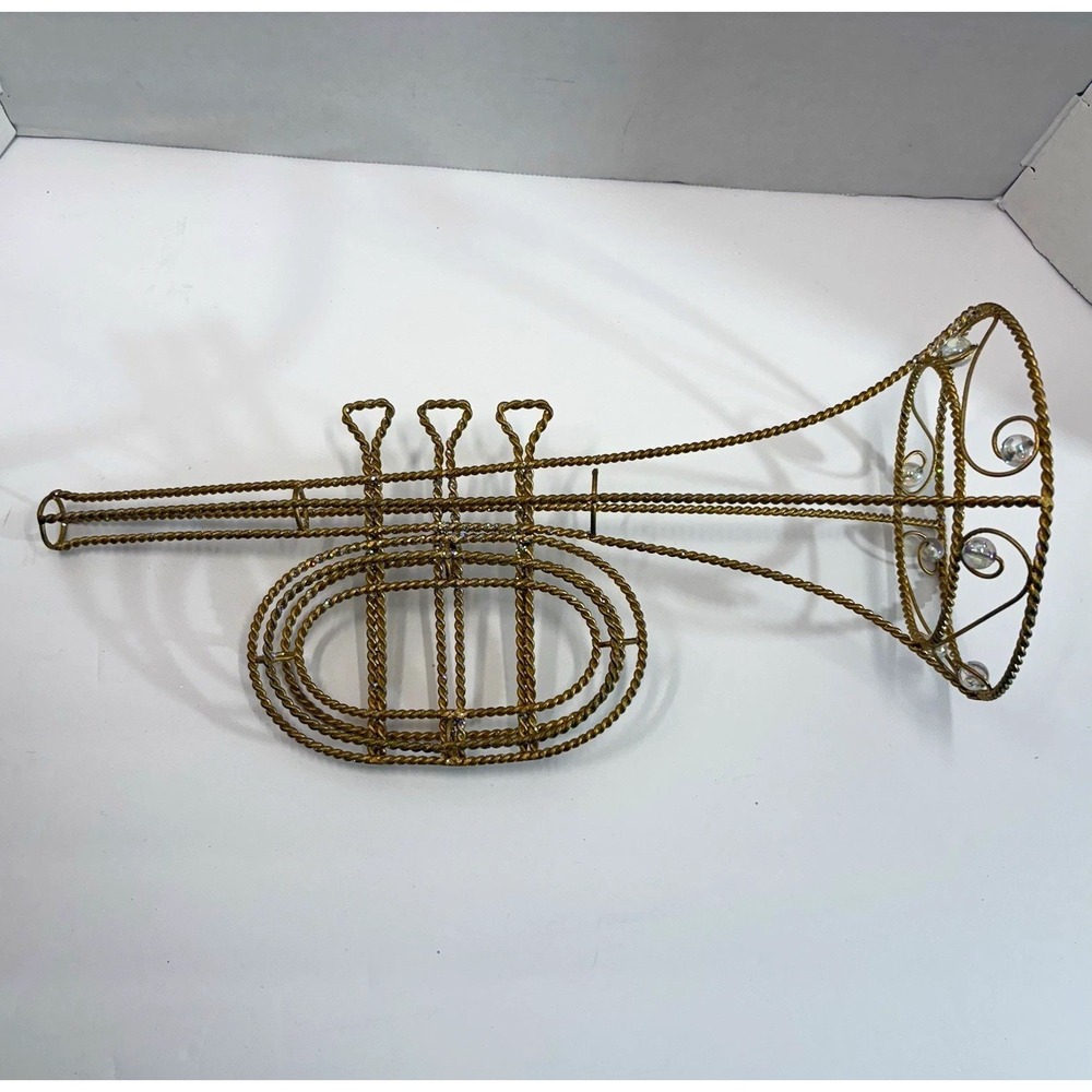 Vintage Gold Glitter Metal Trumpet Wall Tree Decor Christmas Musical Set of 3